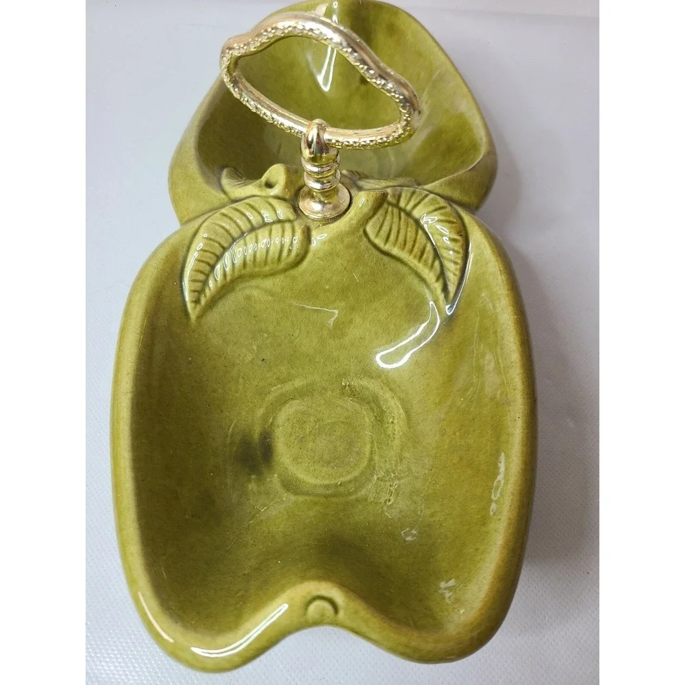 Vintage California Pottery Two Compartment Green Apple Serving Dish With Handle